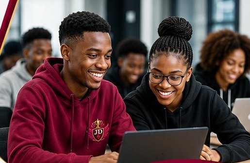 Two young learners smiling while working on a laptop together at JD Studios Africa in Nairobi